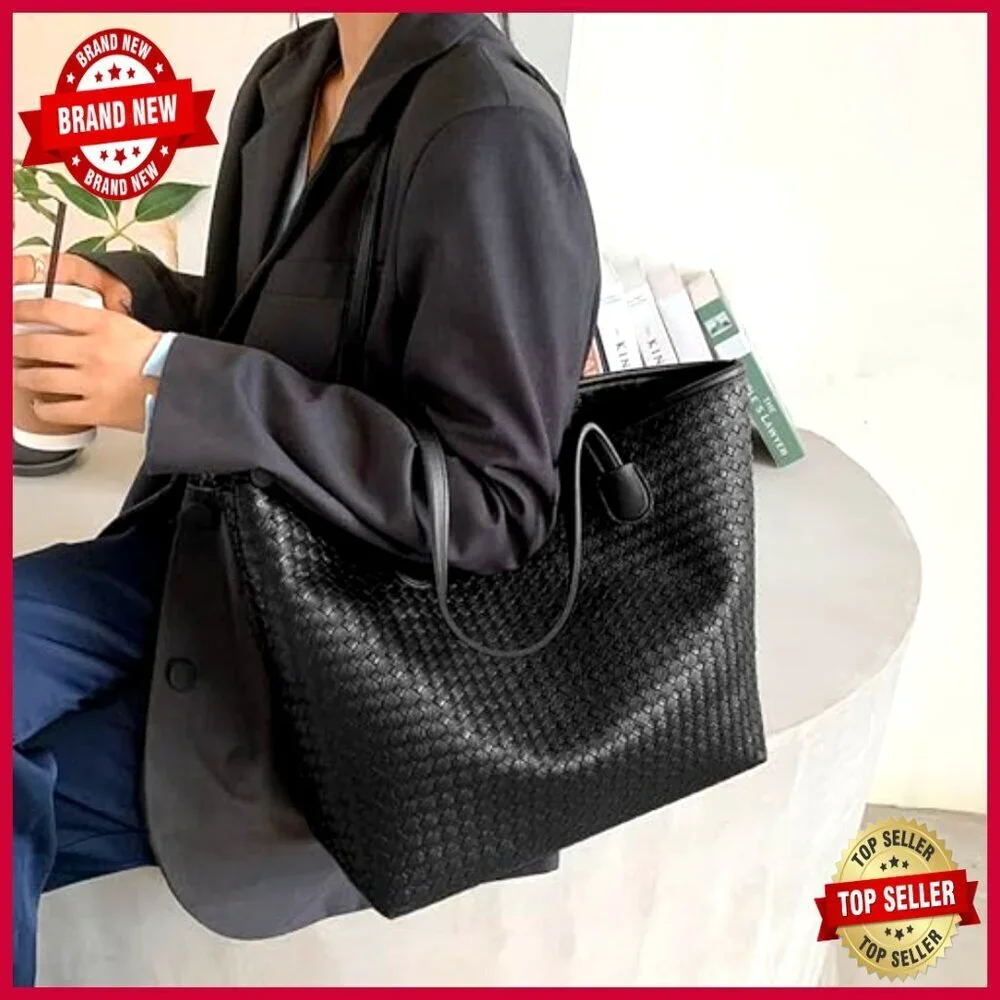 Large Vegan Leather Tote Bag with Zipper Closure for Work and Travel